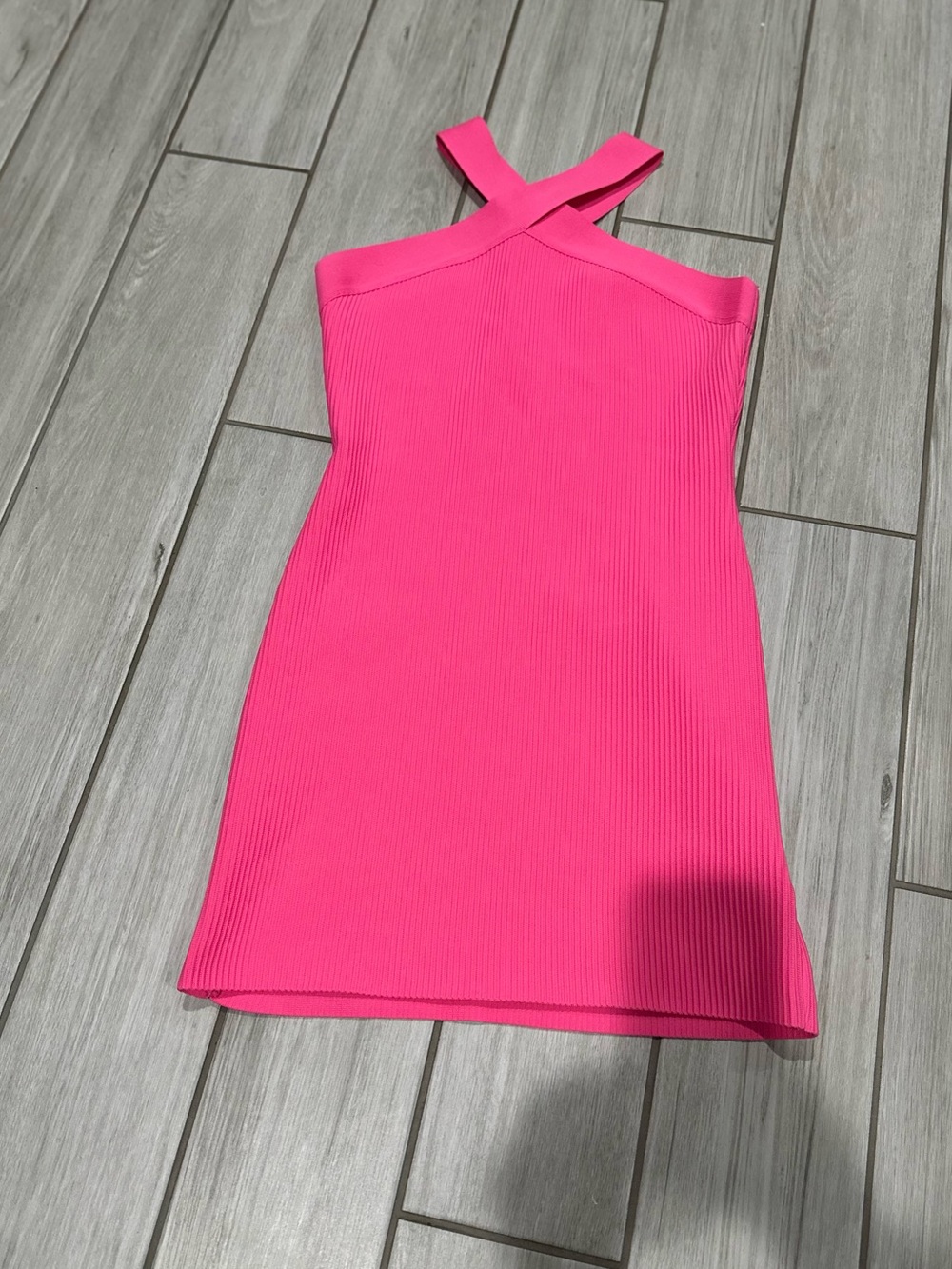 Sincerely Jules Neon Pink Ribbed Cross-Strap Mini Dress
